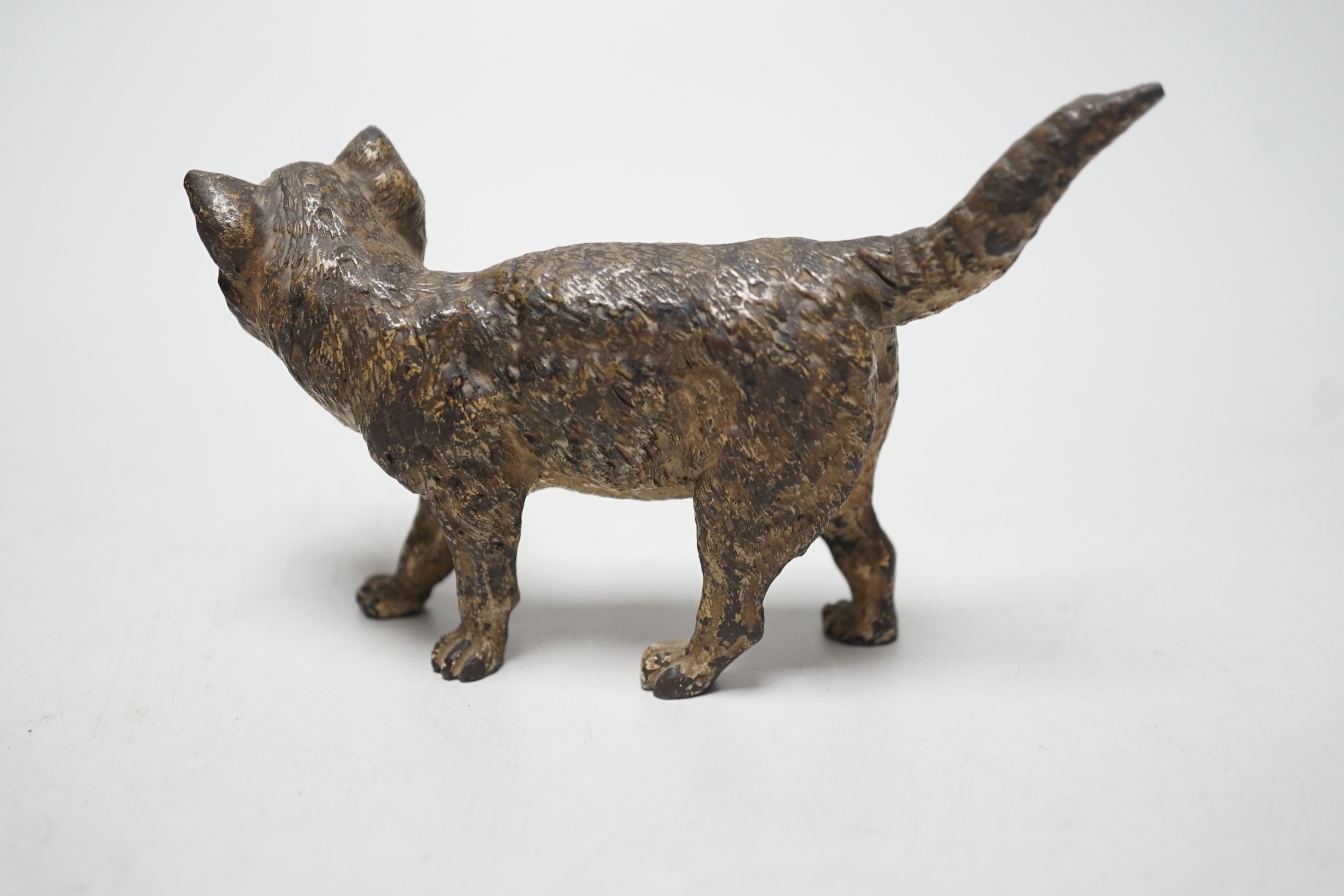A cold painted bronze figure of standing cat, early 20th century, 13cm long